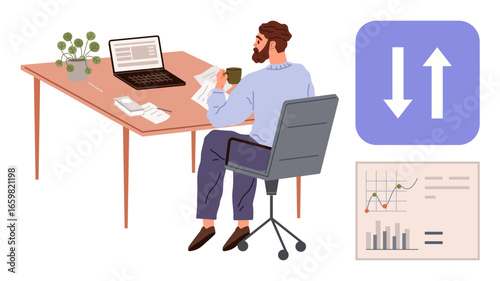 Professional seated at desk assessing reports, analytics, and graphs. Ideal for business, finance, productivity, digital tools, data analysis decision-making strategy. Clean flat metaphor
