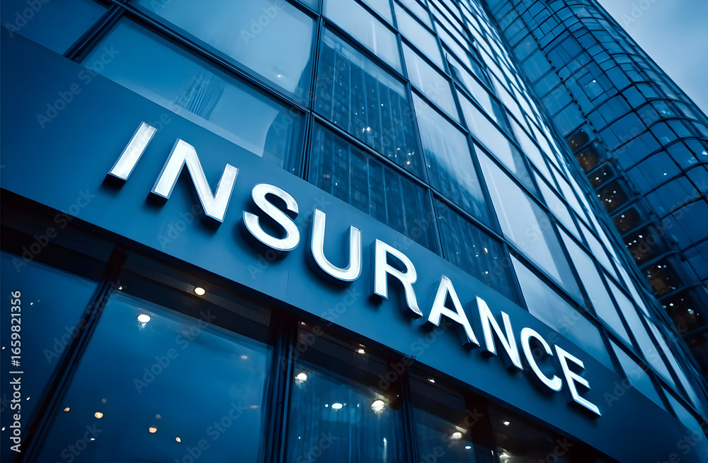 A close-up view of a modern insurance office building, showcasing the sleek glass facade and illuminated signage in an urban setting during twilight. A close-up view of a modern insurance office building, showcasing the sleek glass facade and illuminated signage in an urban setting during twilight.