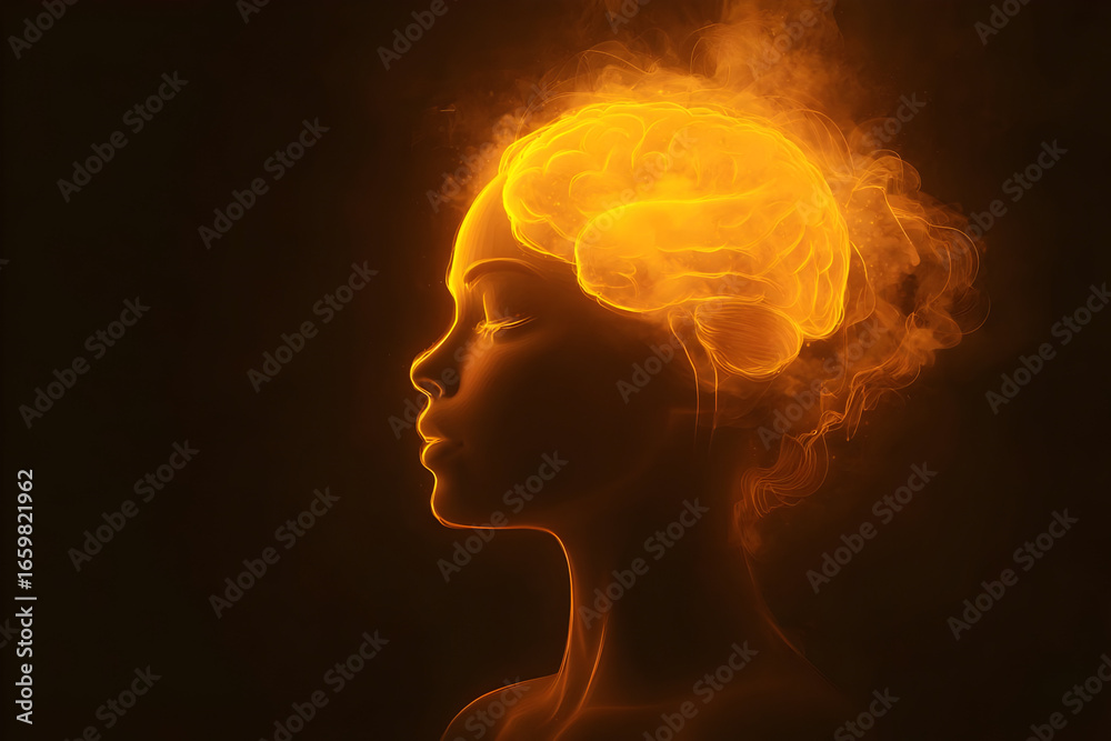 Obraz premium A conceptual image depicting a glowing brain symbolizing creativity and thought, illustrated through vibrant colors and abstract forms.