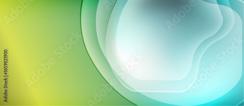 Abstract background features flowing layers. Colors transition from yellow, green, to blue. Smooth curves create dynamic visual effect.