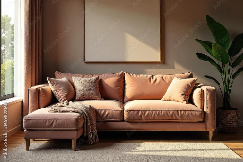 Fototapeta premium A plush, comfy couch takes center stage, radiating relaxation and ultimate comfort; the epitome of a cozy winner in any room Perfect for leisure and unwinding , living room, home, texture