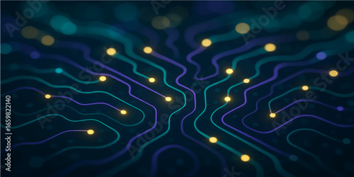 Blue computer circuit board pattern with a digital motherboard design and electronic processor chip