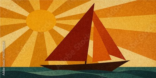 A sailing vessel glides gracefully on the sea, its sails catching the sun in a perfect summer nautical illustration