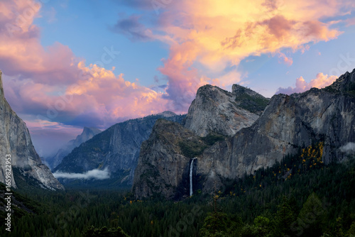 Yosemite valley nation park during sunset view from tunnel view on twilight time. Yosemite nation park, California, USA.