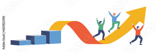 Three people running up a rising arrow graph with blocks, celebrating success on a white background view