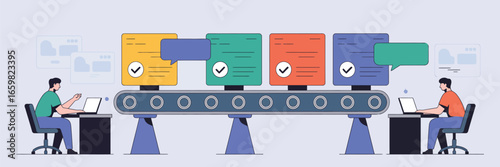 Illustration of a conveyor belt with documents and people working on laptops at desks on either side