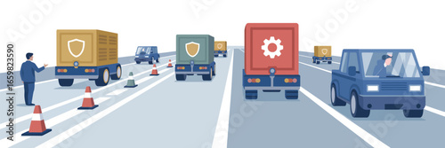 Illustration of automated trucks on a highway with a man and traffic cones indicating a test area