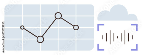Wallpaper Mural Line graph with data points against a grid showcases trend analysis, accompanied by a cloud and audio waveform element. Ideal for analytics, data, cloud service, technology, AI, communication Torontodigital.ca