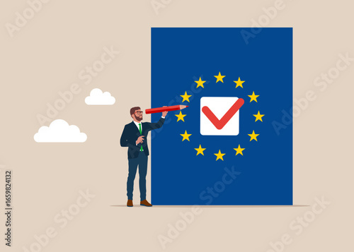 Businessman hold pencil. Voting in European Union. Democracy Freedom Concept. checkbox tick done acceptance election. Flat vector illustration