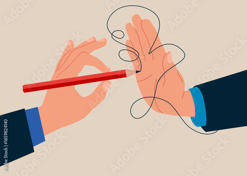 Symbol of strategy, mission, success, thinking. Human hand stop gesture. Pencil drawing and new ideas are prohibited. Business difficulty or struggle with career to overcome to success. Vector