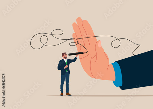 Human hand stop gesture. Pencil drawing and new ideas are prohibited. Business difficulty or struggle with career to overcome to success. Flat vector illustration