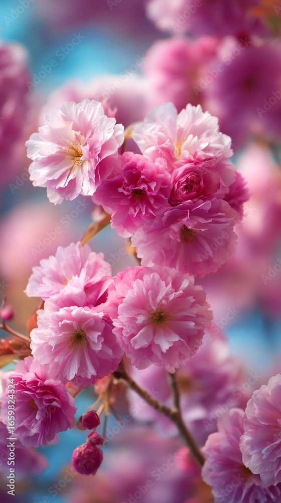 Fototapeta premium Cherry blossom tree bright pink flowers in full bloom vibrant spring vertical background