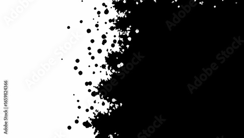 Vector abstract monochrome graphic with black splatters and dots on a white background creating a dynamic effect