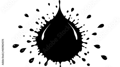 Vector illustration of a large black ink blot with smaller droplets scattered around it on a white background