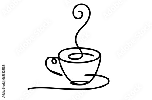 Minimalist black line art of a steaming coffee cup and saucer hot beverage