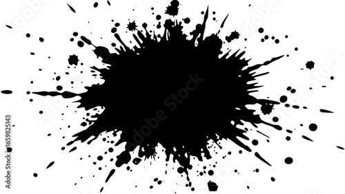 Vector black ink blot with splatters and drips on a white background creating an abstract artistic design idea