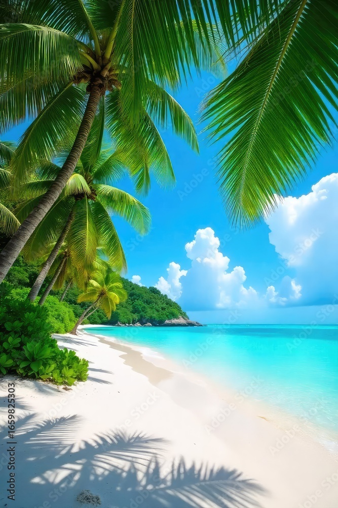 Fototapeta premium Tropical Beach Paradise Pristine White Sand, Turquoise Waters, Swaying Palm Trees, Idyllic Summer Vacation Scene