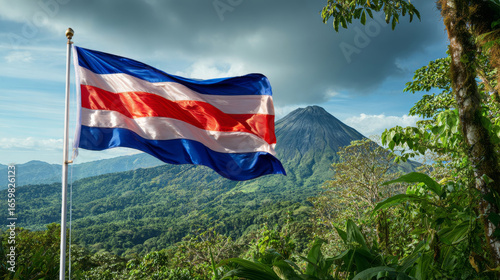 Costa Rica flag waves in the wind with a volcano and lush greenery in the background during independence day celebration
