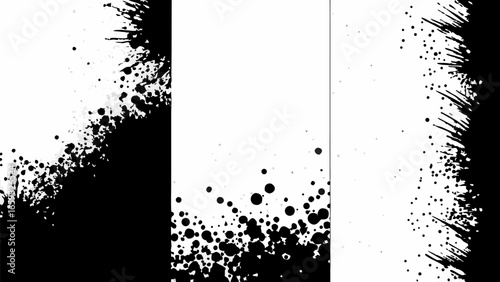 Vector three vertical panels showing black ink splatters and blots on a white background in varying densities