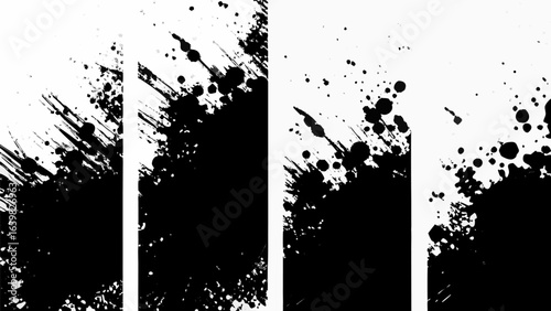Vector black ink splatters and drips creating abstract patterns on a white background in a four panel design