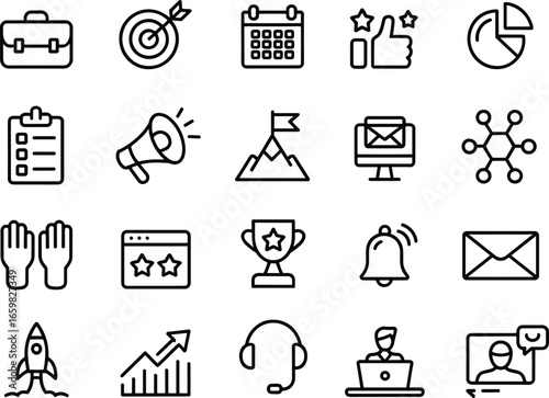 Business icons set, success symbols, marketing concepts, communication tools, strategy elements, achievement icons, productivity, planning, teamwork, growth, email, awards, notifications, targets