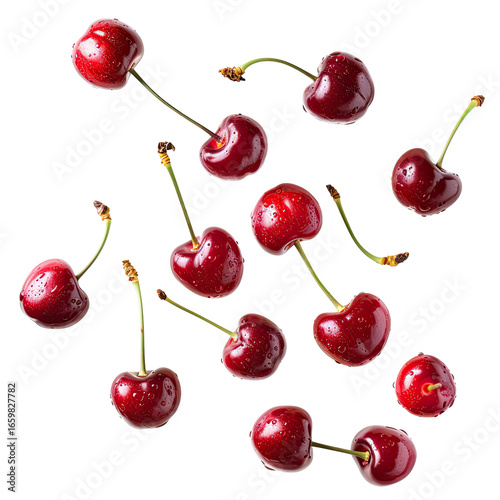 and keyword list based on the image.. Cherries Falling Ripe Fruit Scattered Against a Dark Background