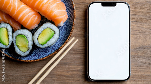 White Screen Smartphone Mockup with Sushi Dinner on Wooden Table: Top View of Blank Screen Mobile Phone with Sushi Avocado and Salmon