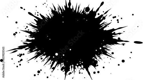Vector abstract black ink splatter with sharp edges and scattered droplets on a white background creating a dynamic design
