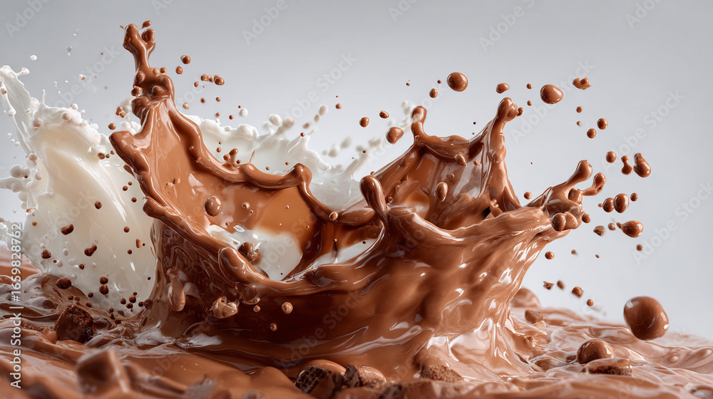 Fototapeta premium High-speed capture of milk and chocolate colliding, creating an energetic splash with texture