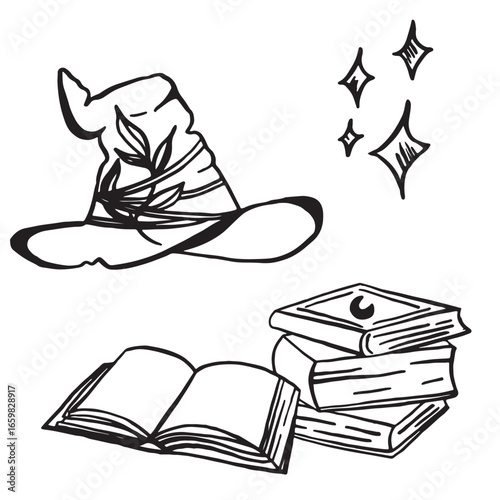 Image of witch hat, magic books and stars. Linear vector icons on Halloween theme without background.
