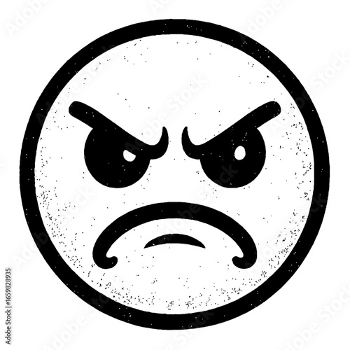 Angry and Scowling Black and White Emoji with Furrowed Brows - An Expression of Frustration or Displeasure