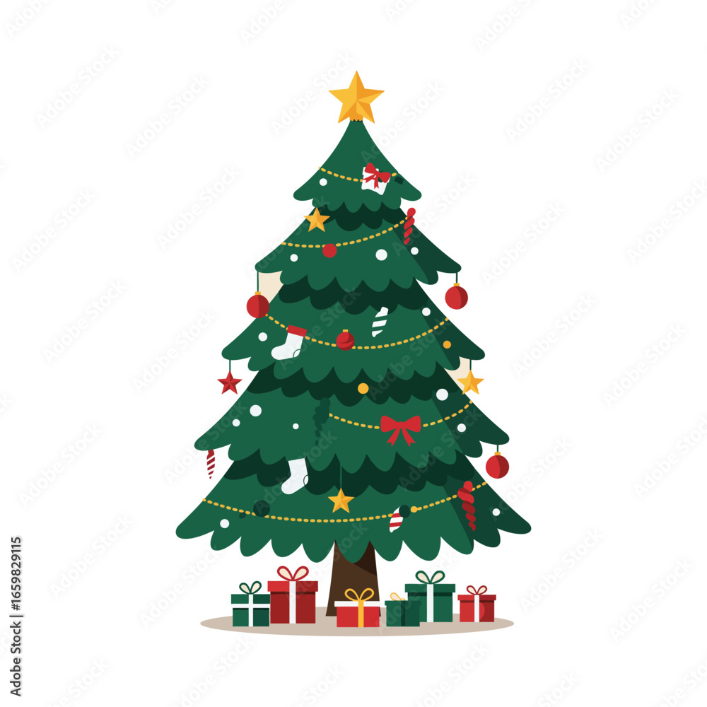 Naklejka premium A classic decorated pine tree with gifts, a joyful symbol for the Chrismast and New Years holiday season, flat vector illustration.