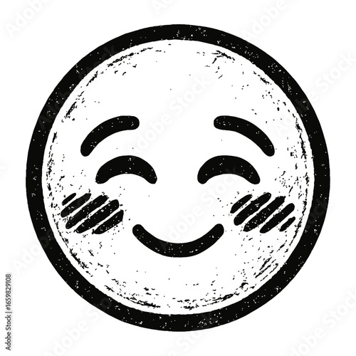 Shy and Blushing Black and White Emoji with Rosy Cheeks - A Symbol of Embarrassment or Timidness