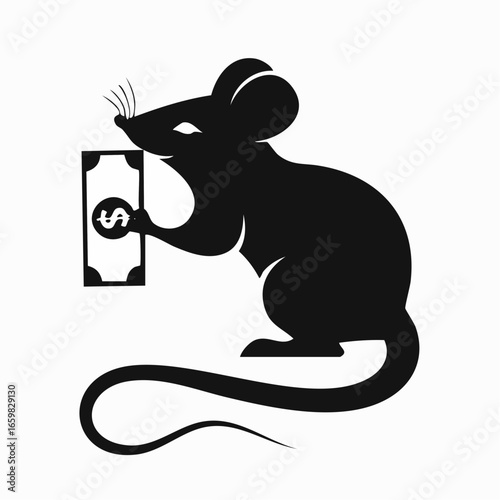 Clean and bold vector silhouette of a mouse biting a dollar bill, a stark black graphic symbolizing financial challenges, economic strain, consumption, and the rising cost of living.