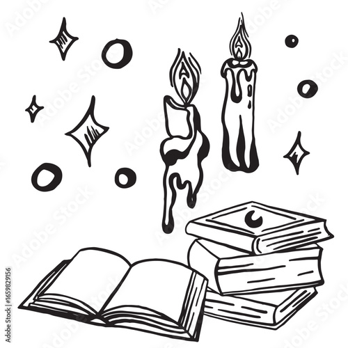 Set of images of books, candles and stars. Linear vector icons without background.