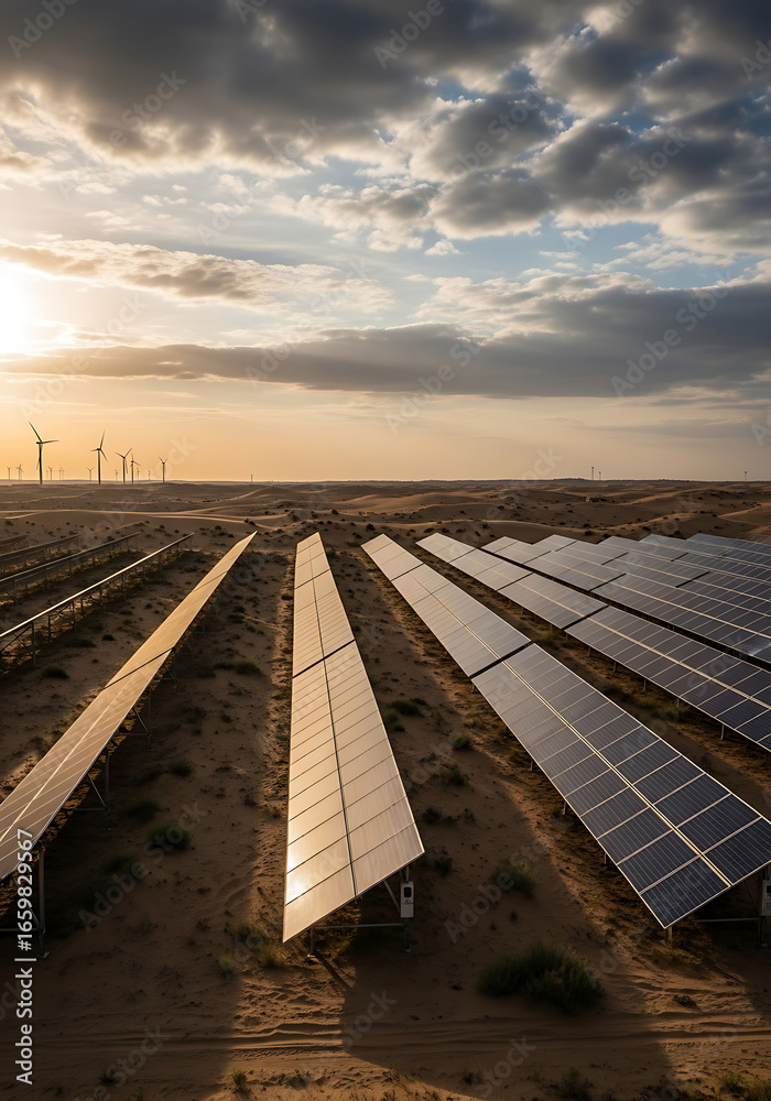 Obraz premium Solar panels and wind turbines in a desert landscape at sunset.
