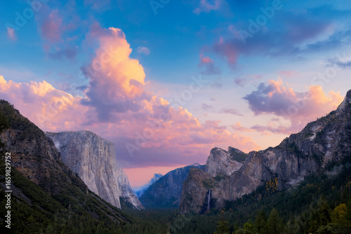 Yosemite valley nation park during sunset view from tunnel view on twilight time. Yosemite nation park, California, USA.