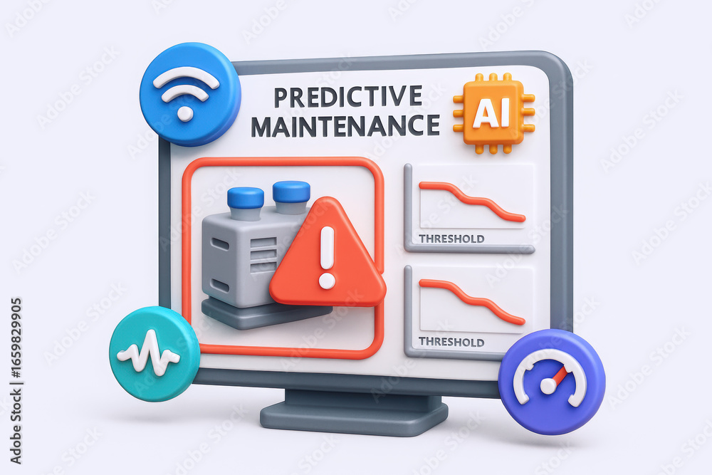 Fototapeta premium An illustrated computer screen showcasing predictive maintenance concepts in a colorful, modern design.