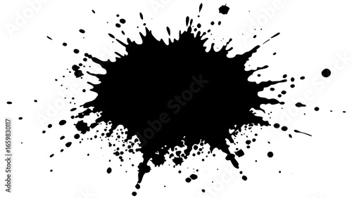 Vector black ink blot with splatters and drips creating an abstract shape on a white background design element