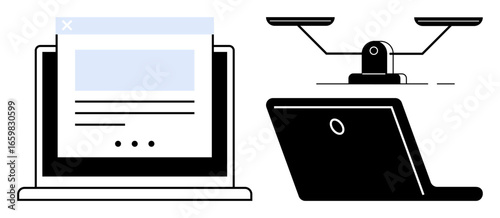 Laptop with document on screen next to balanced scales portraying justice. Ideal for technology, ethics, decision-making, law, online services, research, productivity. Simple flat metaphor