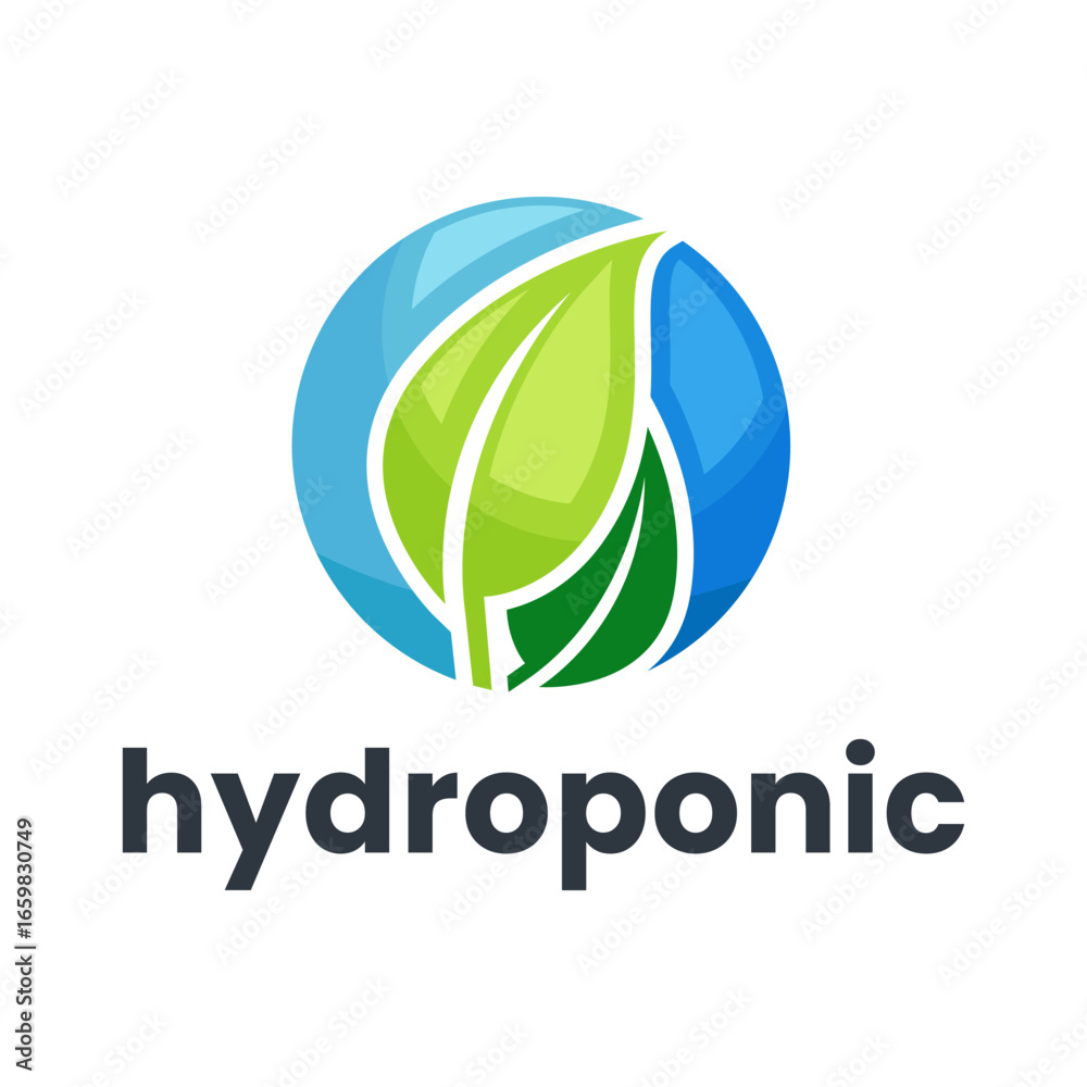 Fototapeta premium Flat Hydroponic Plant Logo with Leaves Over Stylized Water