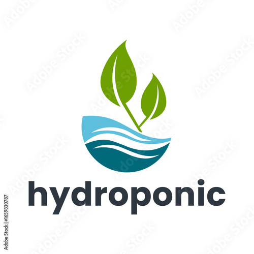 Flat Hydroponic Plant Logo with Leaves Over Stylized Water