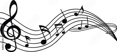 Abstract flowing musical staff with treble clef and notes creating a dynamic wave of sound and melody on a white background