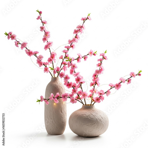 Pink Blossom Branches in Textured Vases with lights, isolated on a white background

