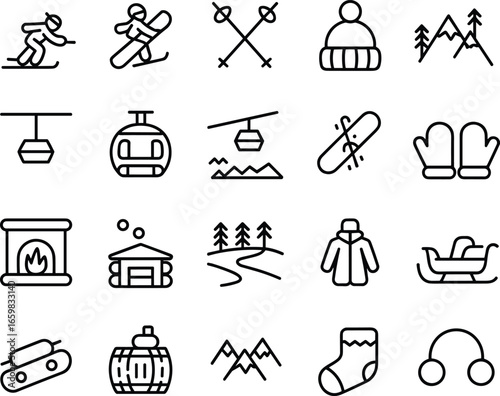 Winter sports icon set, skiing and snowboarding, mountain landscape, ski equipment, winter clothing, cozy cabin, snowy forest, cold weather gear, outdoor activities