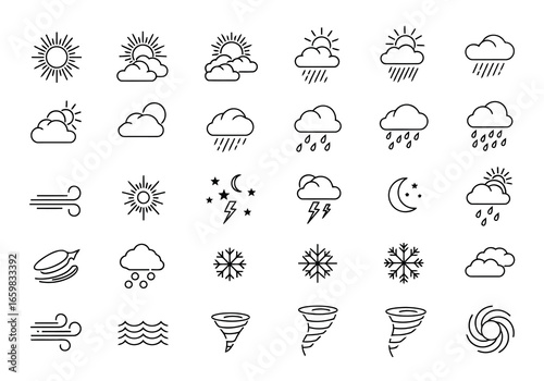 Vector illustration of collection of weather icons representing various atmospheric conditions like sun, clouds, rain, snow, wind, and storms