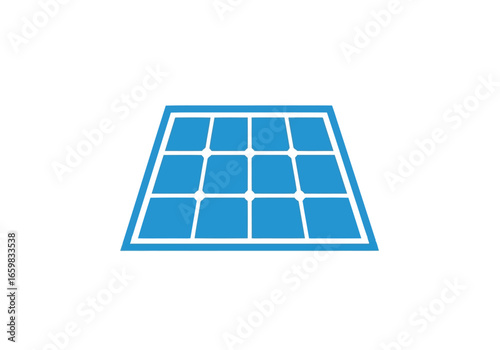 Vector illustration of blue solar panel icon with a grid of cells, representing renewable energy and technology, isolated on a