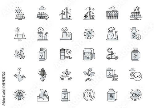 Vector illustration of a collection of icons representing various renewable energy sources and technologies, including solar, wind, and hydro power