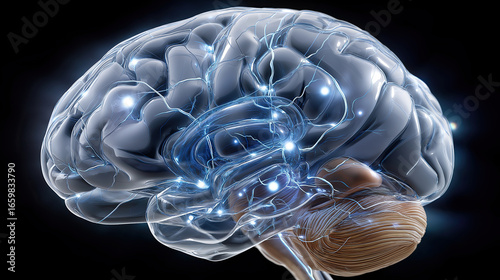Detailed and vibrant depiction of human brain, showcasing intricate neural connections and glowing pathways, symbolizing intelligence