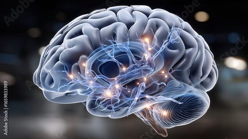Detailed 3D rendering of human brain showcasing neural connections and glowing synapses, representing cognitive activity and intelligence